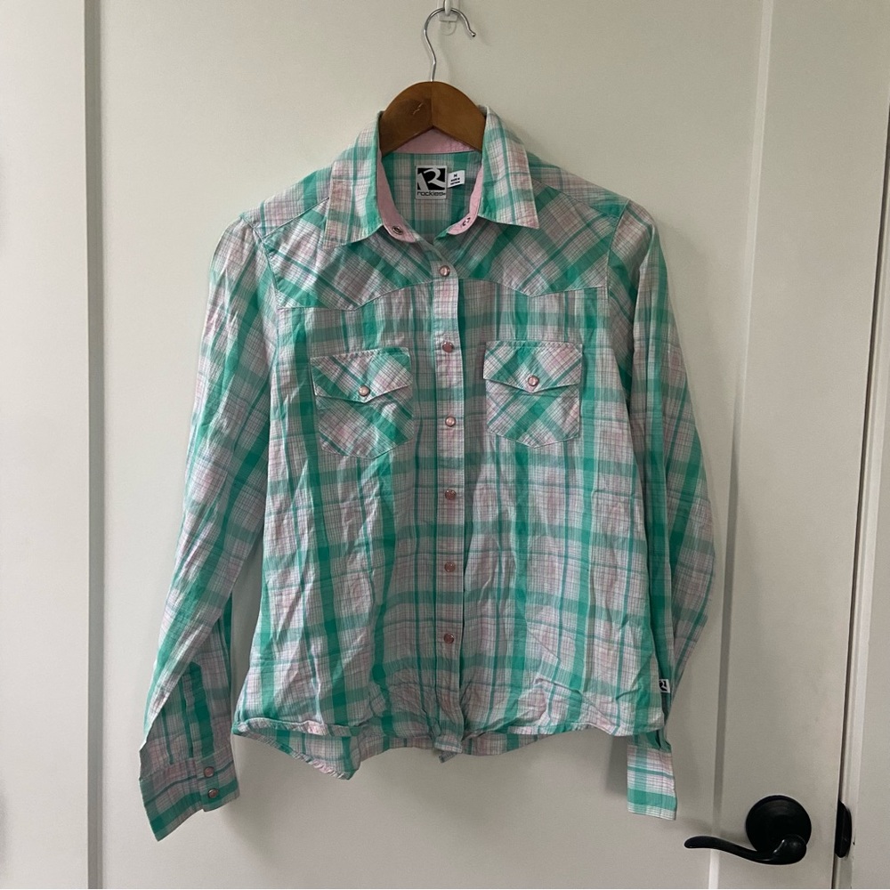 Rockies Green Pink Pearl Snap Long Sleeve Western Shirt Medium - Picture 7 of 7